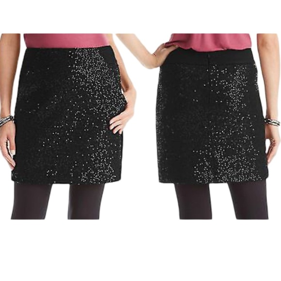 Ann Taylor Petites Black All Over Sequin Wool Blend Straight Mini Skirt 6P - Picture 2 of 10